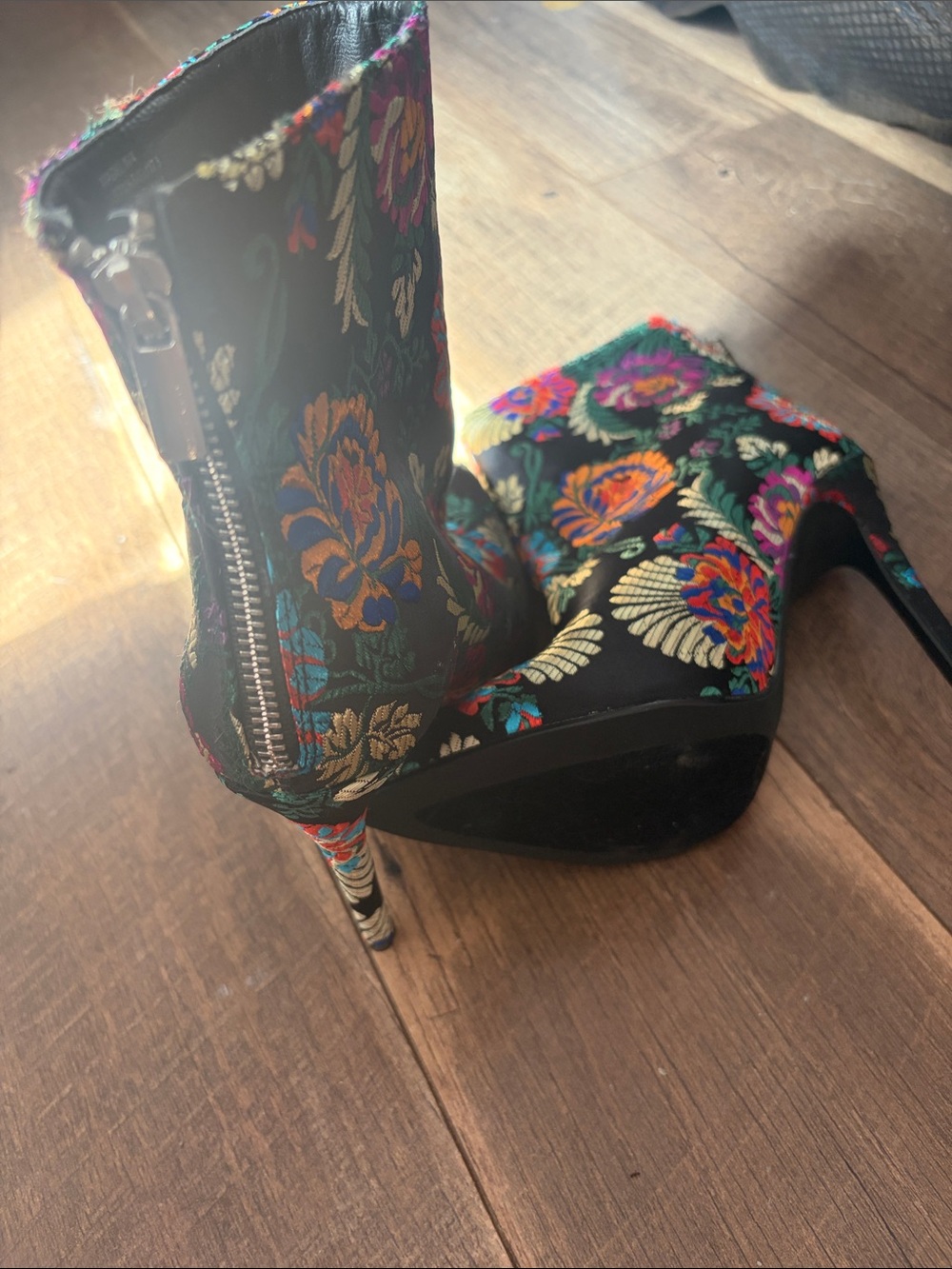 JustFab Black Floral Embroidered Platform Ankle Bootie